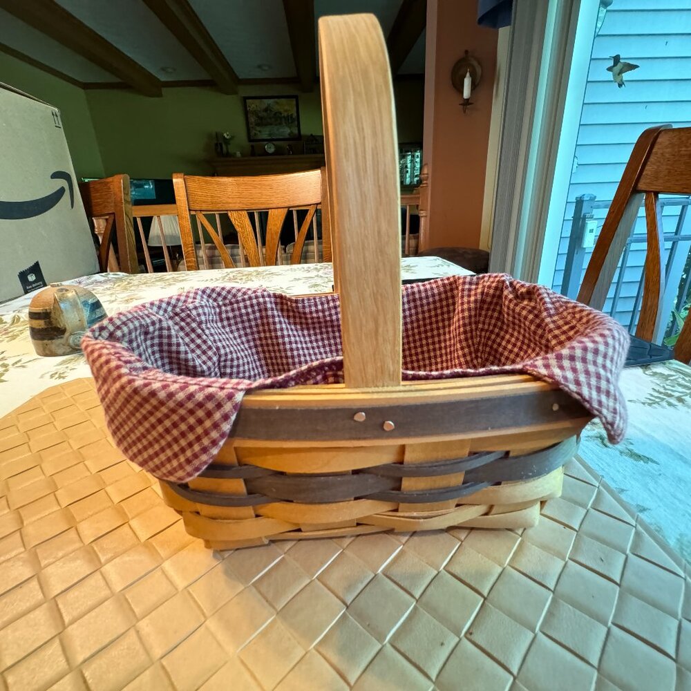 Royce Craft Basket Handwoven Wood with Handle Plaid Lining 9 1/2" x 6 " x 4"
